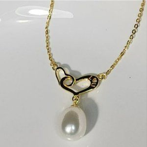 Stamped I LOVE U 18K Gold Plated Natural‎ Drop Pearl Heart Pendant Necklace 18in